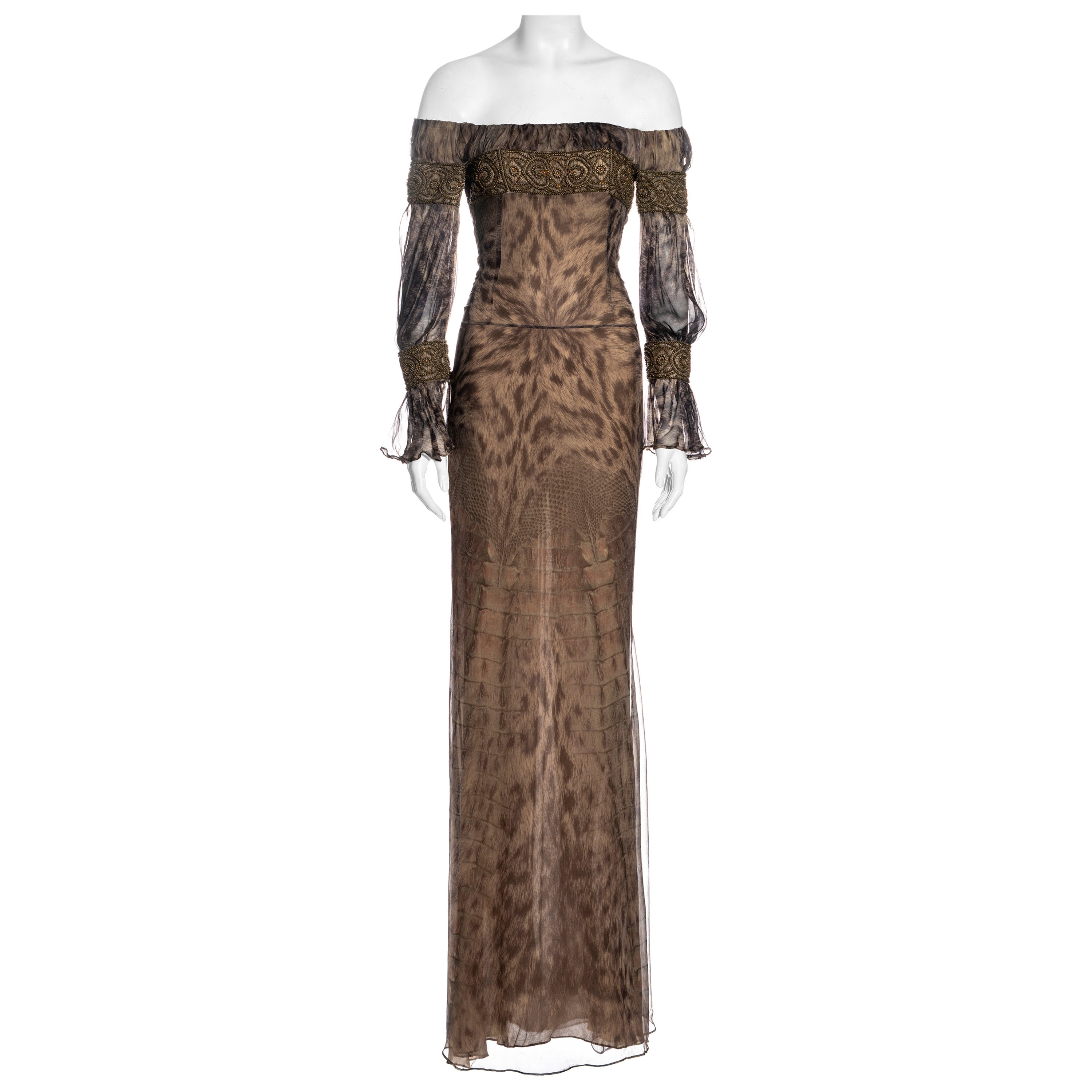 Alexander McQueen schulterfreies Abendkleid aus Seide mit Tiermuster und Perlenbesatz, H/W 2004 im Angebot