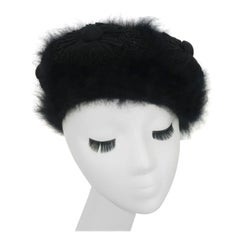 Vintage Hattie Carnegie Black Angora Beret Style Hat, 1950's