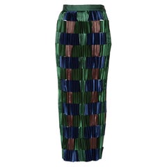 Issey Miyake Green Blue Pleated Satin Ribbon Skirt, 1990s 