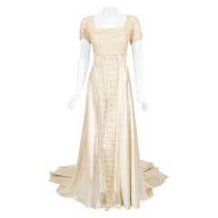 Vintage 1910's Ivory Crème Embroidered Sheer Net-Lace & Silk Satin Trained Bridal Gown 