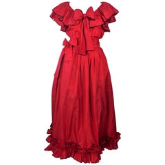 YVES SAINT LAURENT 1970's Red Satin Ruffled Ensemble with Black Trim Size 40