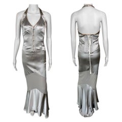 Roberto Cavalli S/S 2003 Korsett Tiefes Dekolleté Silbernes Abendkleid Kleid 