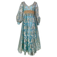 1970er Silber-Blau Metallic Juwelen-Taille Maxikleid