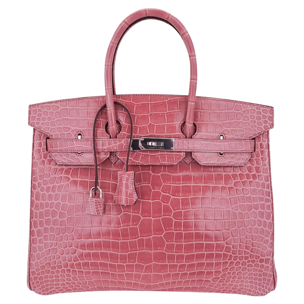 Hermes Birkin 35 Rose Indien Porosus Crocodile Bag Palladium Very Rare