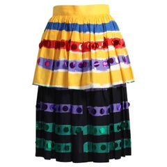  1980s Michaele Vollbrach Colorful Cotton Layered Gypsy Pheasant Skirt 