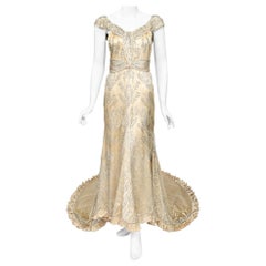 Vintage 1930's Rhinestone Beaded Candlelight Silk Trained Old Hollywood Couture Gown