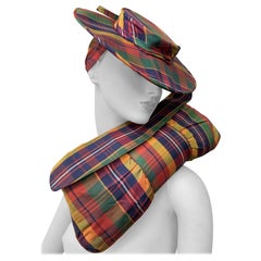 1940s Matching Madras Plaid Taffeta Brimmed Tilt Hat & Oversized Handbag Set