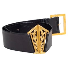 Chanel 1990s Black Leather 24k Gold Plated Filigree Belt