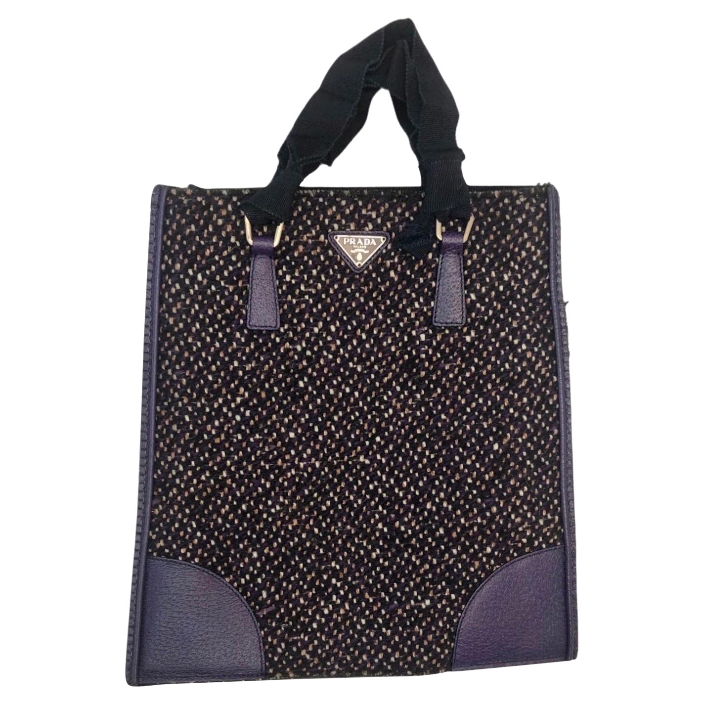 Prada Purple Leather and Wool Tweed Tote bag