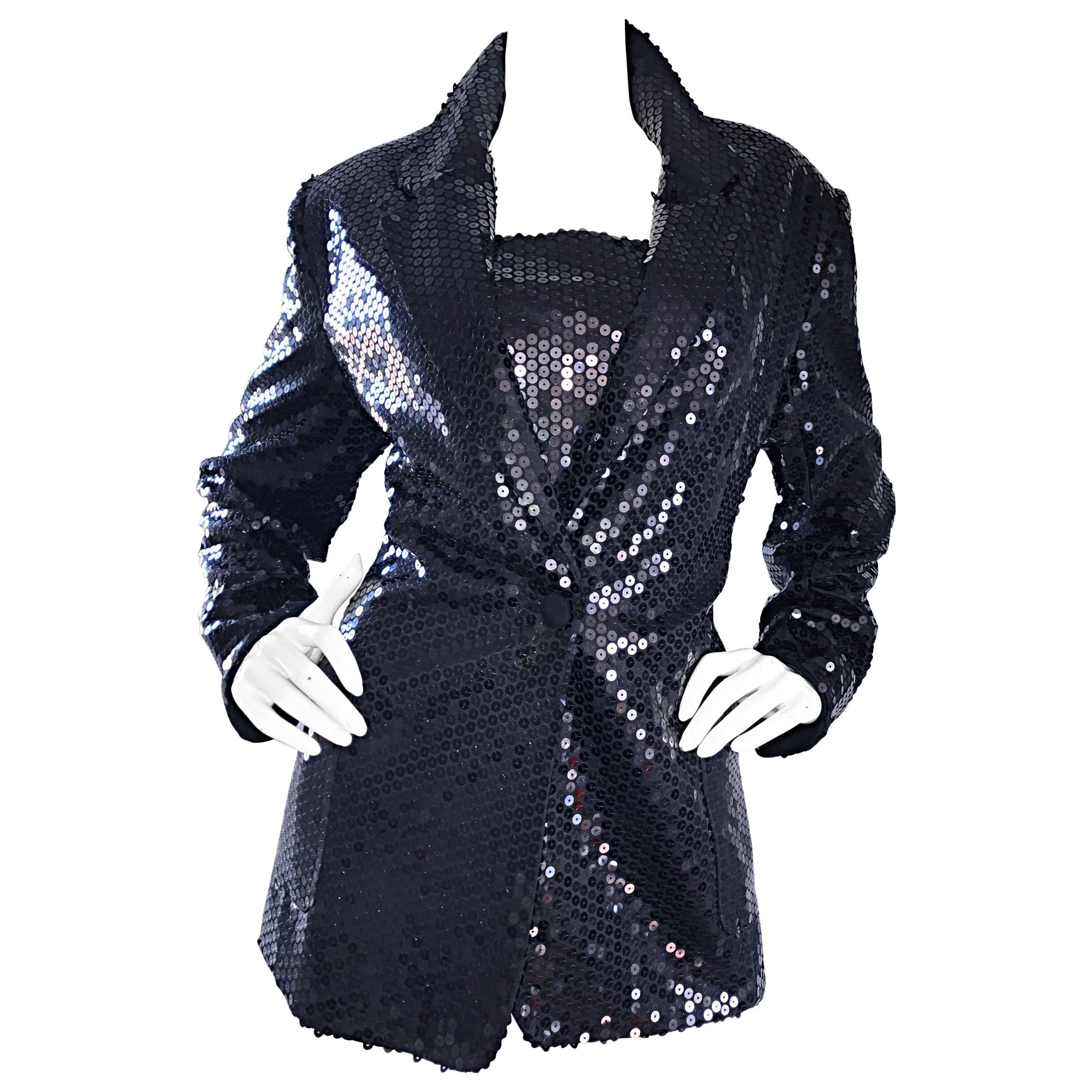 1990s Nicole Miller Size 12 Black Sequin Blazer and Top Vintage 90s Jacket Set