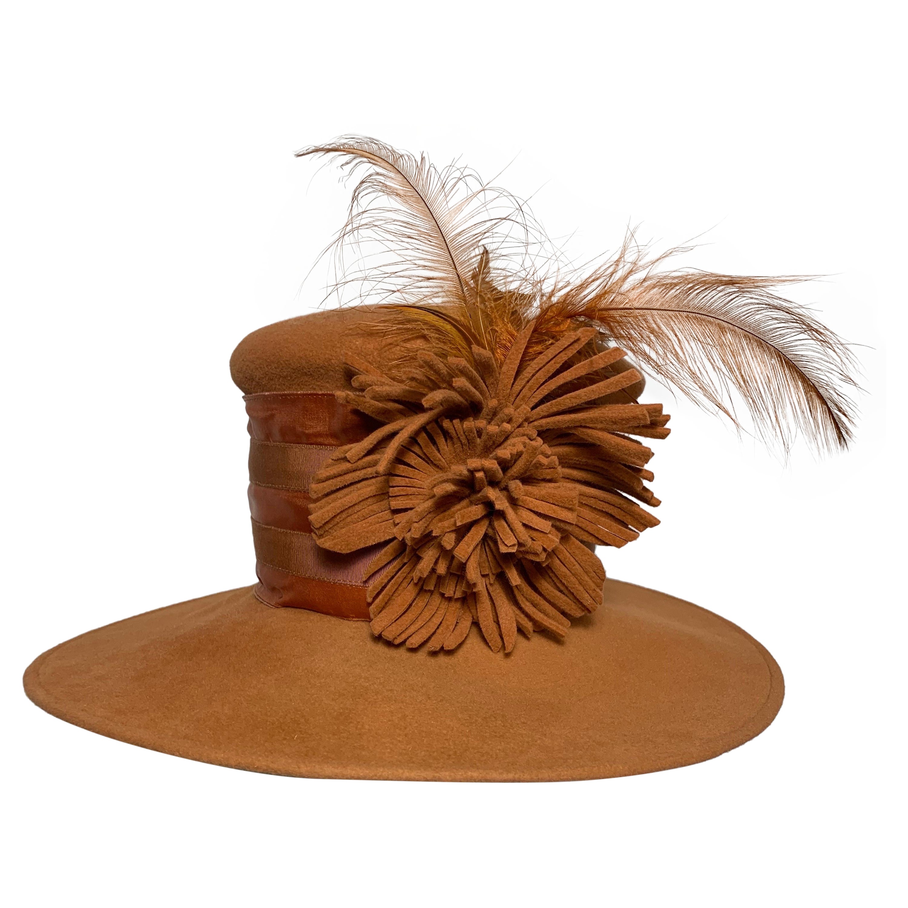 Maison Michel Medium Brim Copper Felt Hat with Feather Flower & Grosgrain Band