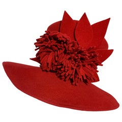 Maison Michel Scarlet Red Wool Felt Wide Brim Hat w Fringe Flower & Leaves 