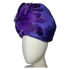 Custom-Made Amethyst Silk Taffeta Turban Draped w Feather & Bead Flower