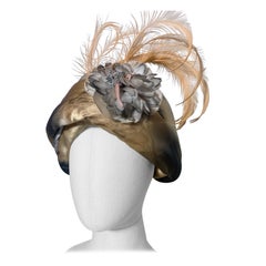 Custom Made Taupe & Gray Ombre Floral Print Silk Turban w Feather & Flower 