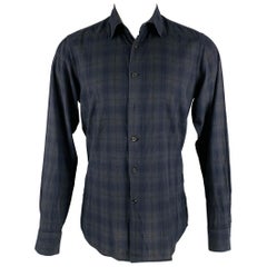 PRADA Size M Charcoal Navy Plaid Cotton Button Up Long Sleeve Shirt