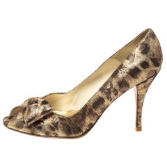 Stuart Weitzman Metallic Lamé Fabric Leopard Print Bow Peep Toe Pumps Size 39.5