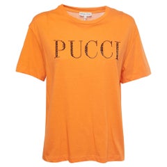 Emilio Pucci Orange Cotton Crystal Embellished Logo T-Shirt S