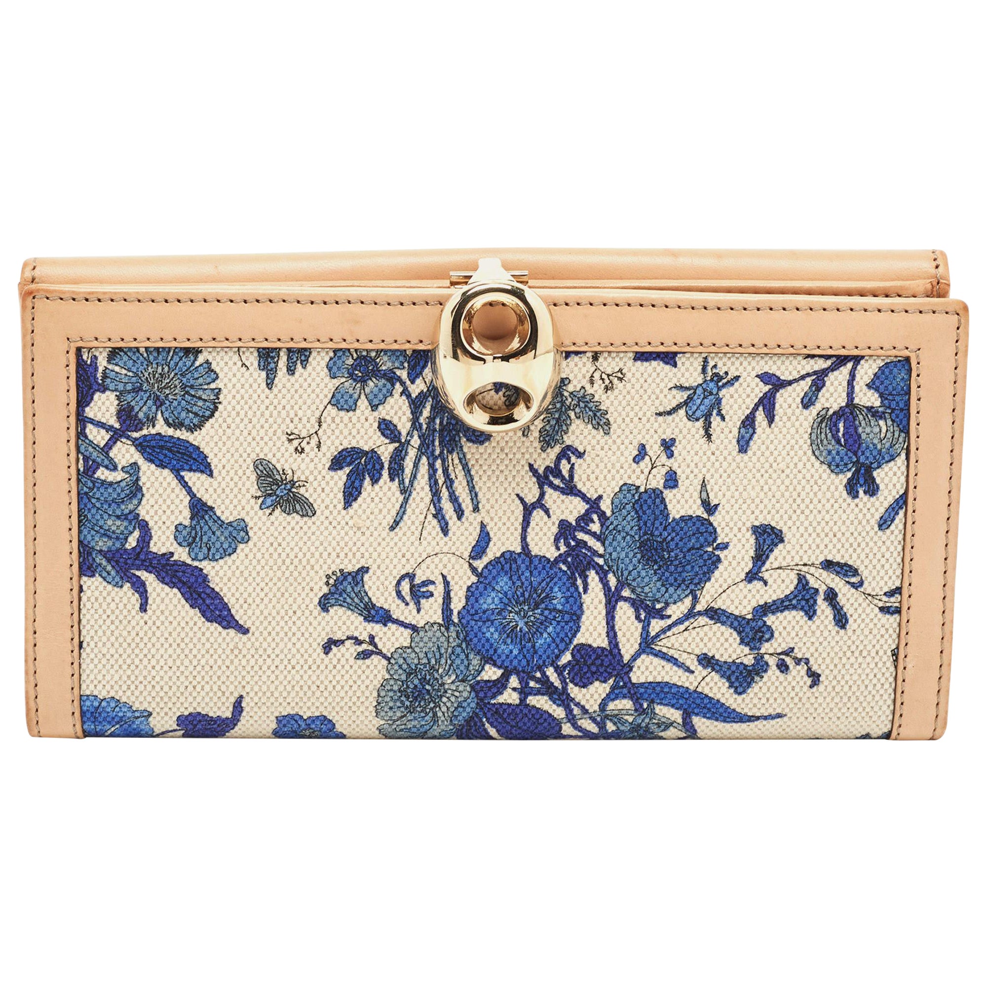 Gucci Blue/Beige Floral Print Canvas and Leather Wave Continental Wallet