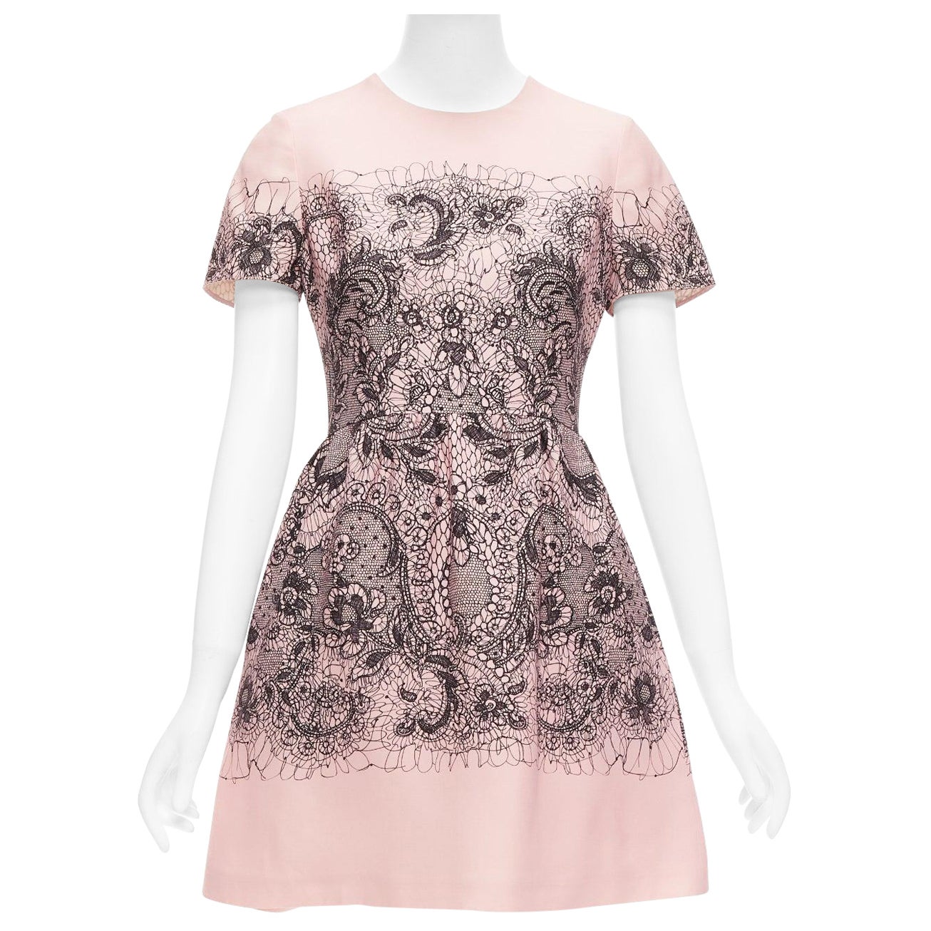 VALENTINO Rosa Schurwolle Seide Schwarz Scribble Spitze Tromp Loeil Kleid IT40 S im Angebot