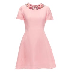 Valentino - Mini robe évasée en crêpe de laine et de soie rose à col transparent UK6 XS