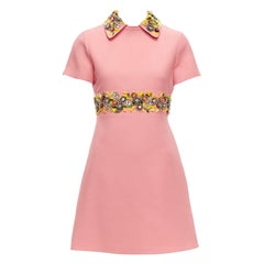 VALENTINO rose jaune multicolore perles brodées col ceinture robe droite