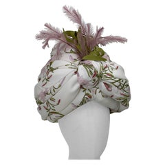 Custom Made Lily Print Silk Chiffon Turban w Feather Bouquet at Front