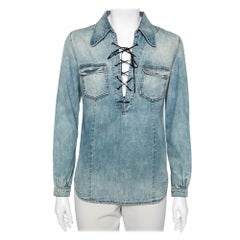 Roberto Cavalli Blue Denim Lace-Up Detail Long Sleeve Shirt S