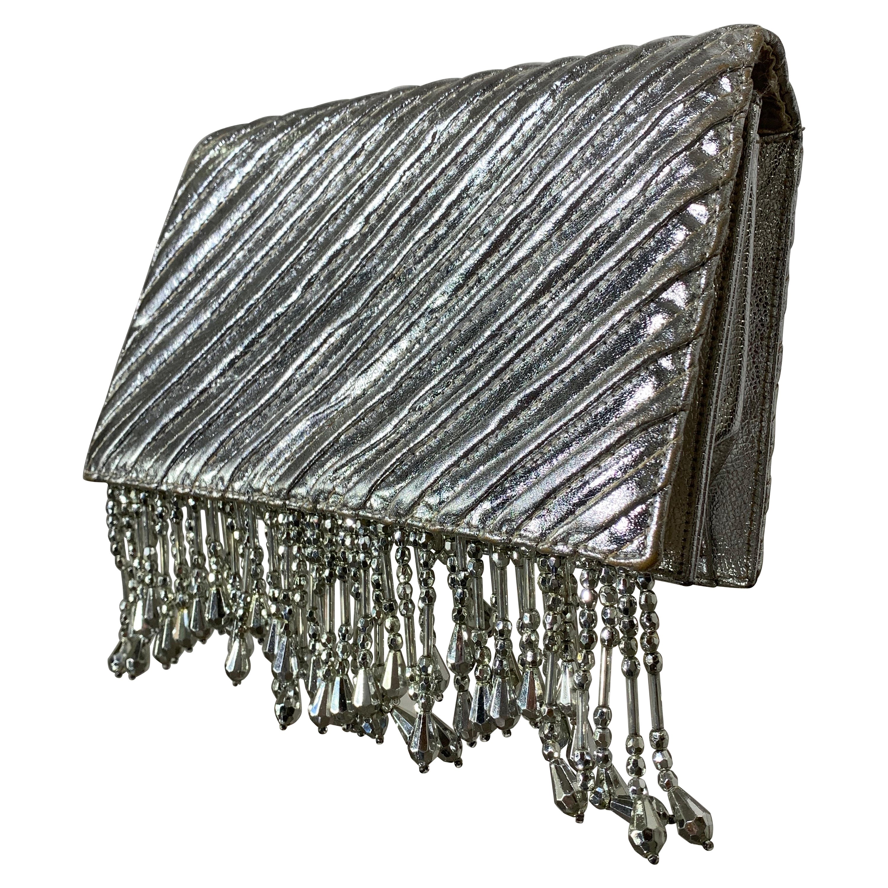 Custom-Made Silver Metallic Quilted Leather Envelope Clutch w/ Silver Fringe For Sale