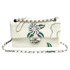 Vintage Chanel white canvas special printed classic flap shoulder bag 