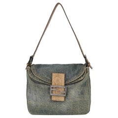 Fendi Baguette Denim Shoulder Bag Snake-skin Strap