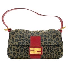 Fendi Baguette Denim Leopard Print with Red Leather Rare