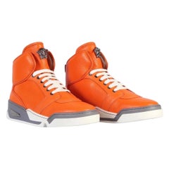 New Versace Men's Orange Perforated Leather High-Top Sneakers 