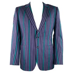 DUNHILL Size 42 Purple Green Stripe Cotton Single Breasted Sport Coat