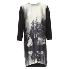 STELLA MCCARTNEY 100% silk black grey tree photo print crew neck dress