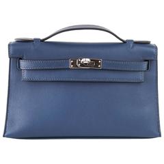 HERMES Kelly Pochette Bag Clutch Bleu de Prusse Palladium Hardware Rare