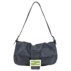 Fendi Baguette Black Lambskin Leather Shoulder Bag Green Enamel Buckle