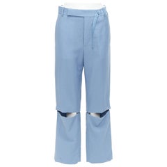 Celine Phoebe Philo, pantalon large en laine mohair bleu à découpes au genou FR36 S