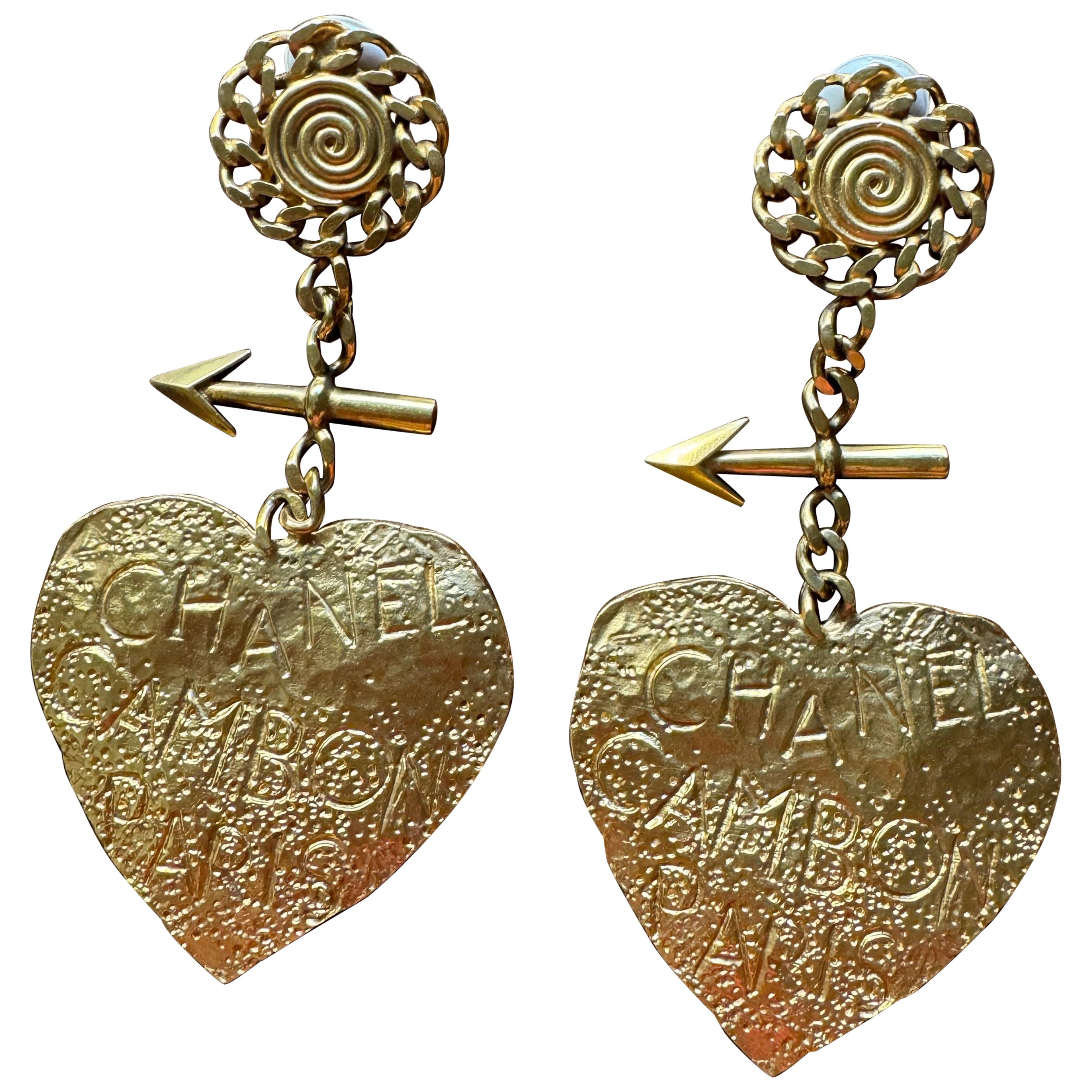 Gold Metal Cambon Paris XXL Heart and Arrow Drop Earrings, 1993