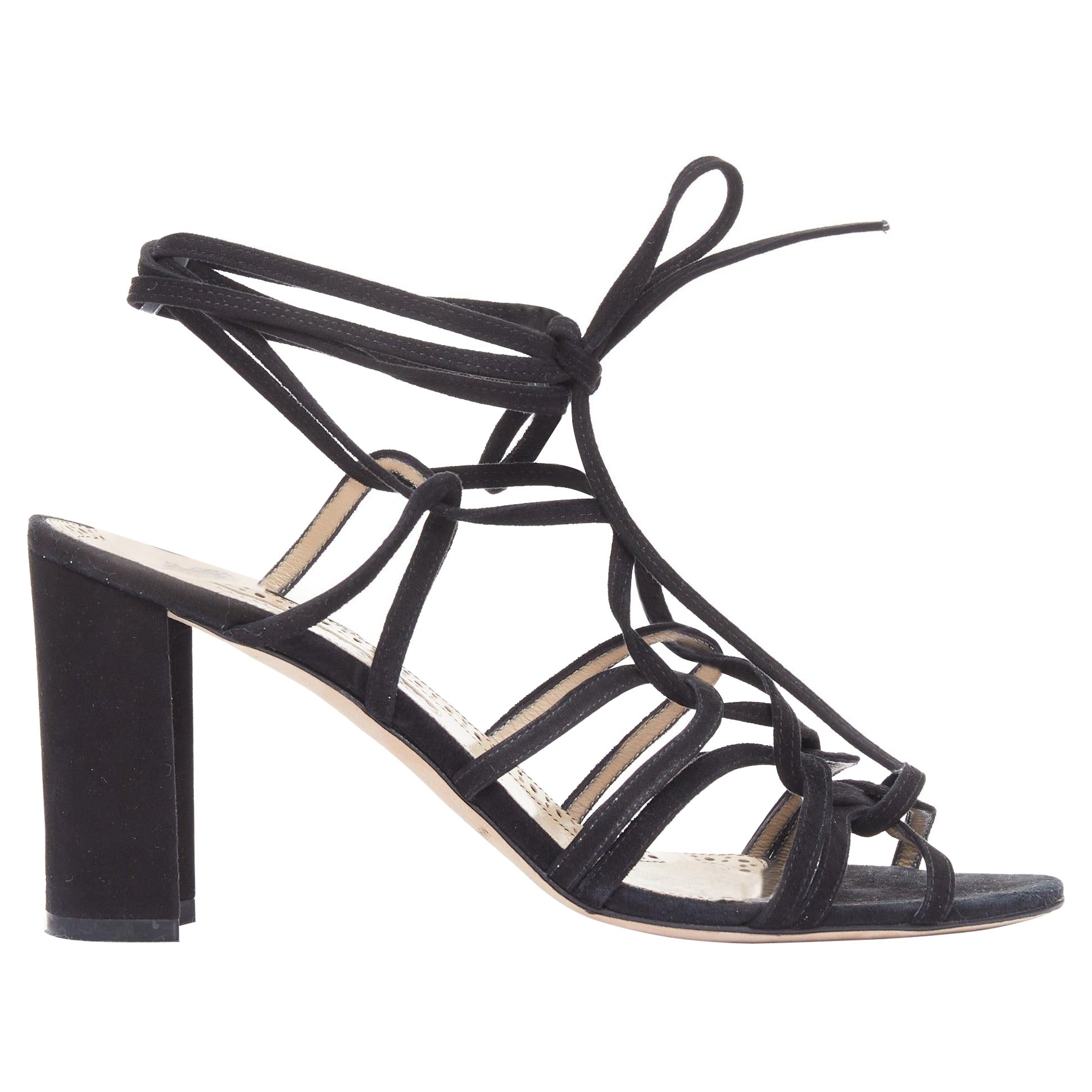 MANOLO BLAHNIK black suede leather lace up strappy block heels EU39