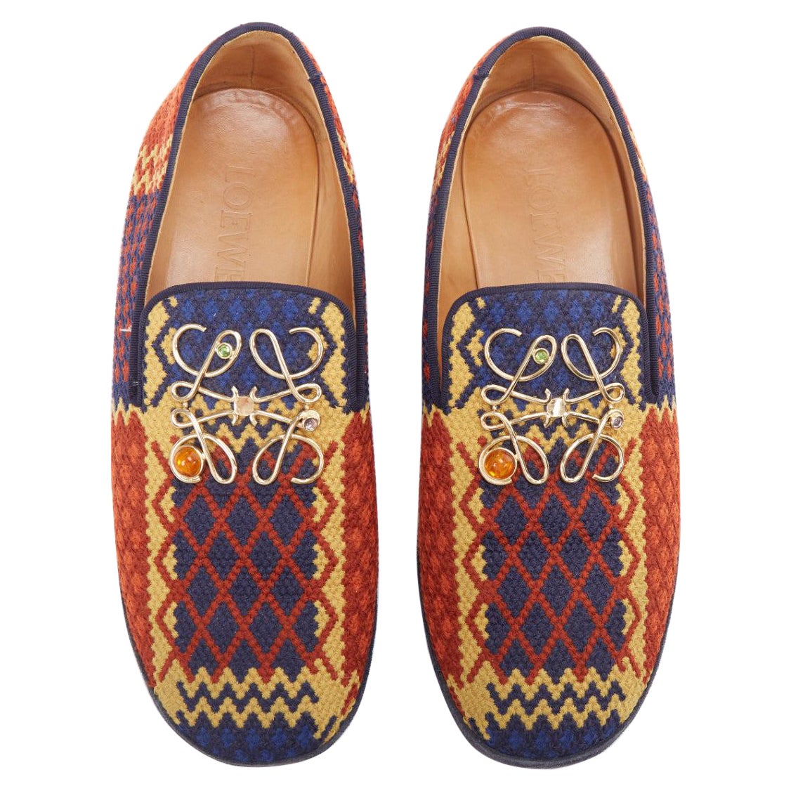 LOEWE Anagram gold navy yellow woven mocassin loafer shoes EU38