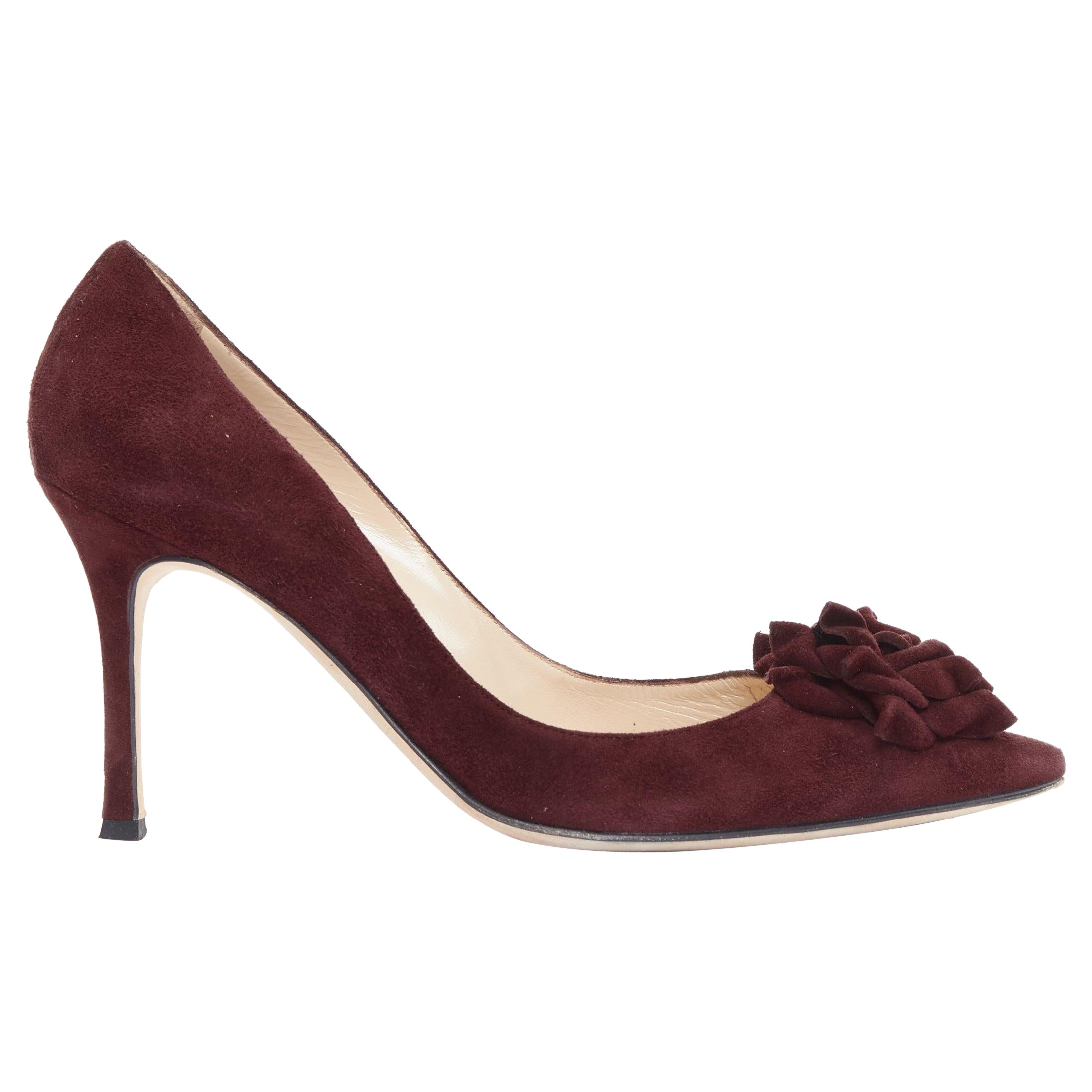 MANOLO BLAHNIK Lisa burgundy suede flower applique pumps EU39