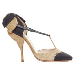 MIU MIU beige schwarz jute satin bow back t strap maryjane pumps EU37.5