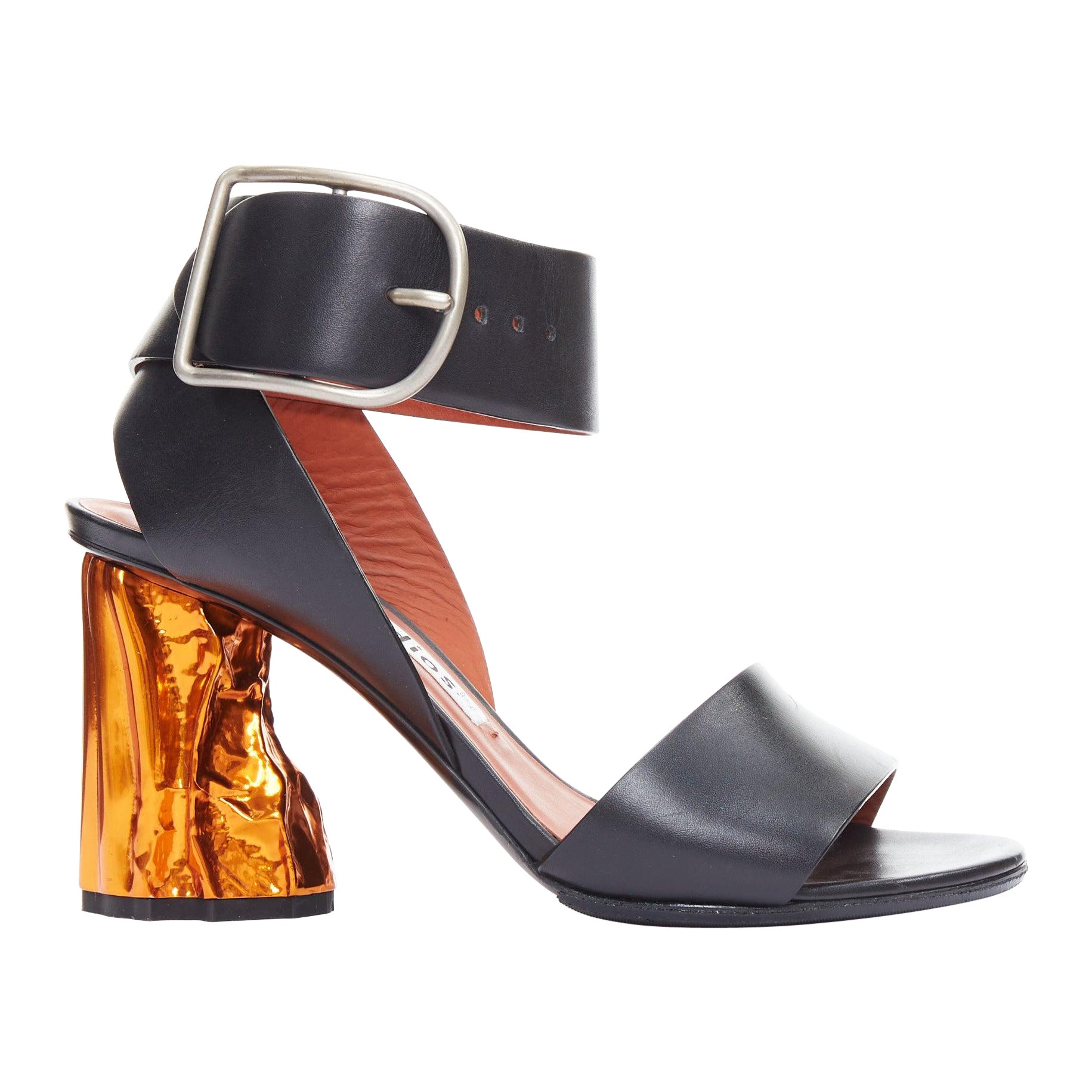 ACNE STUDIOS Obin Metallic Orange Rinde Absatz Schwarz Leder Sandalen EU37