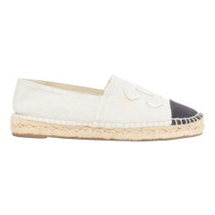 CHANEL beige canvas CC fray logo black cap espadrille shoes EU38