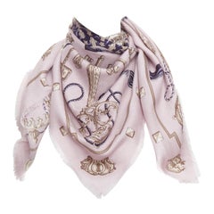 HERMES lilac cashmere silk keys tassels print fray edge scarf