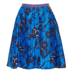 OSCAR DE LA RENTA S07 blue black silk cotton floral print full midi skirt US2 S