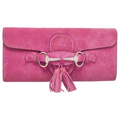 Gucci Pink Suede Crystals Horsebit Broadway Clutch