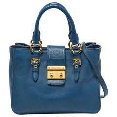 Miu Miu Blue Madras Leather Pushlock Tote