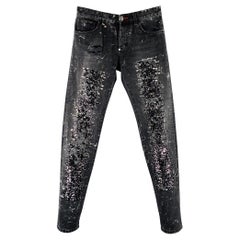 PHILIPP PLEIN Size 29 Black Grey Paint Splatter Cotton Straight Distressed Jeans