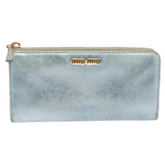 Miu Miu Metallic Blue Leather Zip Around Wallet